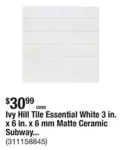 The Home Depot Ivy Hill Tile Essential White 3 in. x 6 in. x 6 mm Matte Ceramic Subway offer