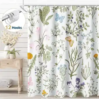 Walmart Dznils Green Floral Fabric Shower Curtain, Waterproof Bathroom Curtain with 12 Hooks, 72 x 72 offer