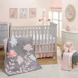 Walmart Lambs & Ivy Petals Gray/Pink Sateen Cotton Floral 3-Piece Baby Crib Bedding Set offer