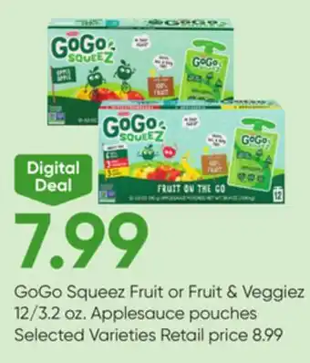 Stater Bros GoGo Squeez Fruit or Fruit & Veggiez 12/3.2 oz. Applesauce pouches offer