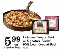 Pavilions Coleman Ground Pork or Signature Farms 90% Lean Ground Beef offer