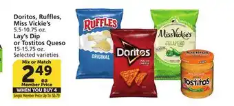 Vons Doritos, Ruffles, Miss Vickie's 5.5-10.75 oz. Lay's Dip or Tostitos Queso 15-15.75 oz offer