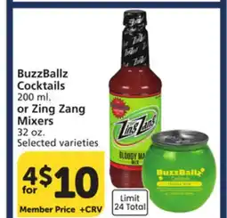 Vons BuzzBallz Cocktails 200 ml. or Zing Zang Mixers 32 oz offer