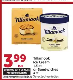 Vons Tillamook Ice Cream 1.5 qt. or Sandwiches 4 ct offer