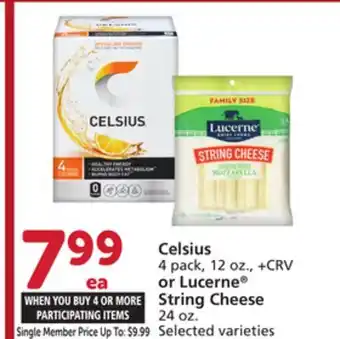 Vons Celsius 4 pack, 12 oz., + CRV or Lucerne String Cheese 24 oz offer