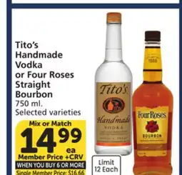 Vons Tito's Handmade Vodka or Four Roses Straight Bourbon offer