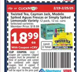 Albertsons Twisted Tea, Cayman Jack, Modelo Spiked Aguas Frescas or Simply Spiked Lemonade Variety offer