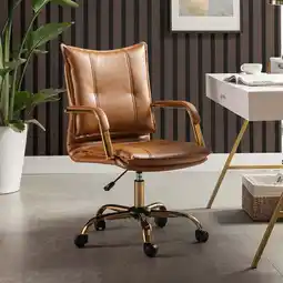 Walmart Faux Leather Office Chair Adjustable Swivel Desk Chair with Golden Legs and Arms Upholstered Camel offer