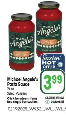 Jewel-Osco Michael Angelo's Pasta Sauce offer