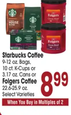 Jewel-Osco Starbucks Coffee 9-12 oz. Bags, 10 ct. K-Cups or 3.17 oz. Cans or Folgers Coffee 22.6-25.9 oz offer