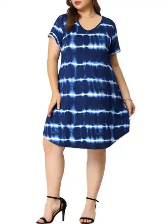 Walmart Agnes Orinda Women's Plus Size Dress V Neck Short Sleeve Tie Dye Midi Tunic Shirtdress 2X Dark Blue offer