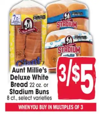 Jewel-Osco Aunt Millie's Deluxe White Bread 22 oz. or Stadium Buns 8 ct offer