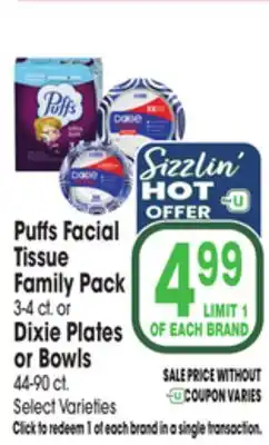 Jewel-Osco Puffs Facial Tissue Family Pack 3-4 ct. or Dixie Plates or Bowls 44-90 ct offer