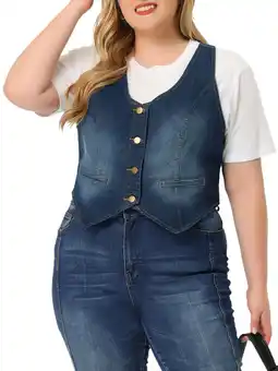 Walmart Unique Bargains Women's Plus Size Denim Jacket Button Up Vintage Jean Waistcoat Vest 1X Blue offer