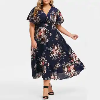 Walmart Summer Dresses for Women Plus Size Floral Printed V-Neck Short Sleeve Casual Easter Dress offer