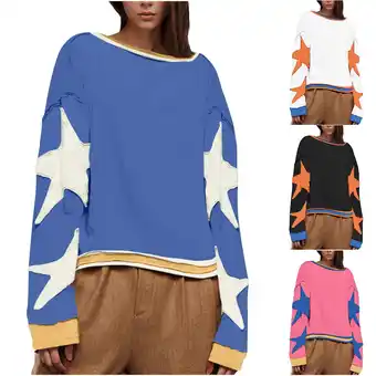 Walmart Patlollav Womens Casual Loose Color Matching Round Neck Long Sleeve T-Shirts Loose Tops offer