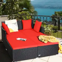 Walmart Gymax Rattan Patio Daybed Loveseat Sofa Yard Outdoor w/ Red Cushions Pillows offer