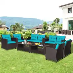 Walmart Gymax 8PCS Outdoor Conversation Set Patio PE Rattan Set w/ Glass Table & Sofa Cushions Turquoise offer