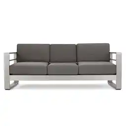 Walmart GDF Studio Crested Bay Outdoor Aluminum 3 Seater Loveseat Sofa with Tray, Silver and Gray offer