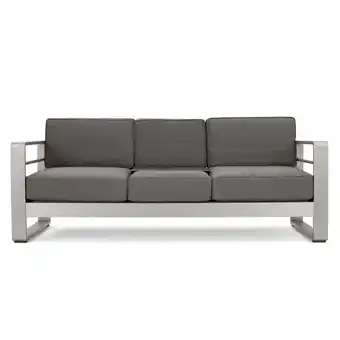 Walmart GDF Studio Crested Bay Outdoor Aluminum 3 Seater Loveseat Sofa with Tray, Silver and Gray offer