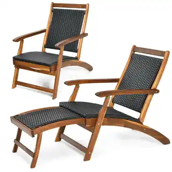 Walmart Gymax Set of 2 Folding Patio Acacia Wood Deck Chair Rattan Chaise Lounge Chair w/ Footrest offer