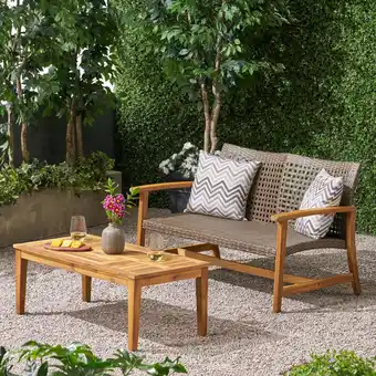 Walmart GDF Studio Beacher Outdoor Wood and Wicker Loveseat and Coffee Table Set, Mixed Mocha offer