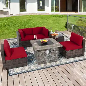 Walmart Costway 6 PCS Patio Wicker Furniture Set 34.5'' Fire Pit Table W/Cover Red offer