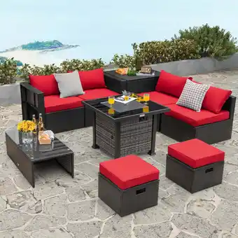 Walmart Costway 9 Pieces Patio Furniture Set with 50,000 BTU Propane Fire Pit Table Red offer