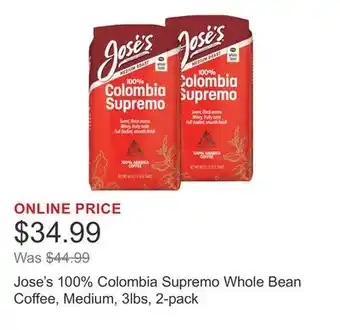 Costco Jose's 100% Colombia Supremo Whole Bean Coffee, Medium, 3lbs, 2-pack offer