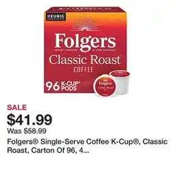 Office Depot Folgers Single-Serve Coffee K-Cup , Classic Roast, Carton Of 96, 4 x 24 Per Box offer