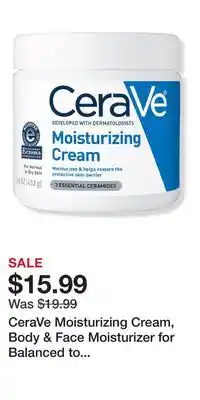 Ulta Beauty CeraVe Moisturizing Cream, Body & Face Moisturizer for Balanced to Dry Skin offer