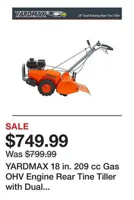 Tractor Supply Company YARDMAX 18 in. 209 cc Gas OHV Engine Rear Tine Tiller with Dual Rotating Tilling offer