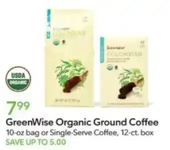 Publix GreenWise Organic Ground Coffee 10-oz bag or Single-Serve Coffee offer