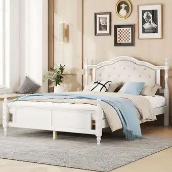 Walmart Miniyam Wood Queen Size Bed with Tufted Upholstered Headboard for Adult, White offer