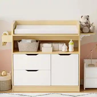 Walmart ICEELF Baby Changing Table Dresser with 3 Drawer, Non-Slip, and Storage Shelves, Brown offer