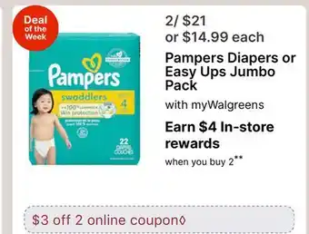 Walgreens Pampers Diapers or Easy Ups Jumbo Pack offer