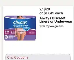 Walgreens Always Discreet Liners or Underwear offer