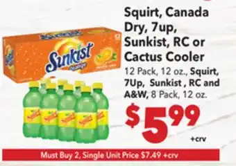 Vallarta Supermarkets Squirt, Canada Dry, 7up, Sunkist, RC or Cactus Cooler | A&W offer