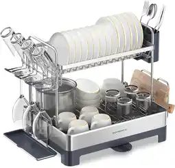 Walmart SONGMICS 2 Tier Dish Drying Rack, for Kitchen Counter with Rotatable Drain Spout, Silve and Gray offer