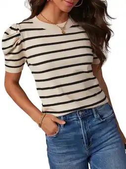 Walmart Qaspx Striped Blouses for Women Short Puff Sleeve Knit Tshirts Summer Crewneck Casual Tops offer