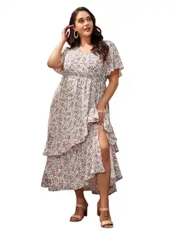 Walmart LapaPlus Women Plus Size Summer Dresses XL-6XL Holiday Boho Floral White Cascading Ruffle Maxi Dress offer