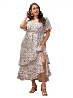 Walmart LapaPlus Women Plus Size Summer Dresses XL-6XL Holiday Boho Floral White Cascading Ruffle Maxi Dress offer