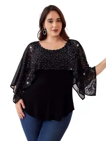 Walmart LapaPlus Women Plus Size Tops XL-6XL Sequins Lace Double-Layered Half Sleeve Blouse offer