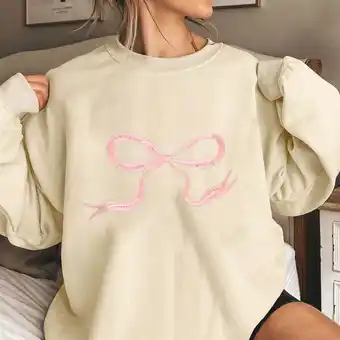 Walmart Tops for Women under $10 Long Sleeve Round Neck Bow Tie Printing Loose Sweatshirts Beige XL offer