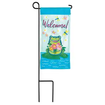 Walmart Magnolia Gardens M040083 4 x 8.5 in. Double Applique Frog Welcome Polyester Mini Garden Flag offer