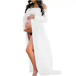 Walmart FAIWAD Maternity Off Shoulder Wrap Gown for Photoshoot Long Sleeve Solid Color Slit Sexy Maxi Dress offer