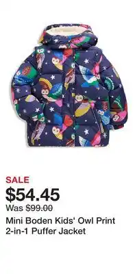 Nordstrom Mini Boden Kids' Owl Print 2-in-1 Puffer Jacket offer