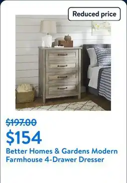 Walmart Better Homes & Gardens Modern Farmhouse 4-Drawer Dresser, Rustic Gray Finish offer