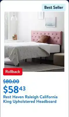 Walmart Rest Haven Raleigh Tufted Velvet Upholstered Headboard, California King, Pink offer