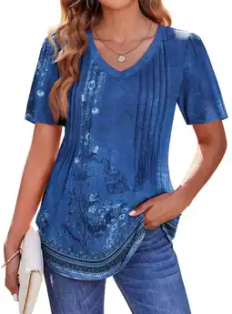 Walmart Fantaslook Blouses for Women Dressy Casual V Neck Pleated Tunic Tops Summer Short Sleeve Boho Shirts offer